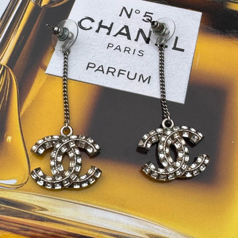 CHANEL Silver Crystal Earrings Authentic